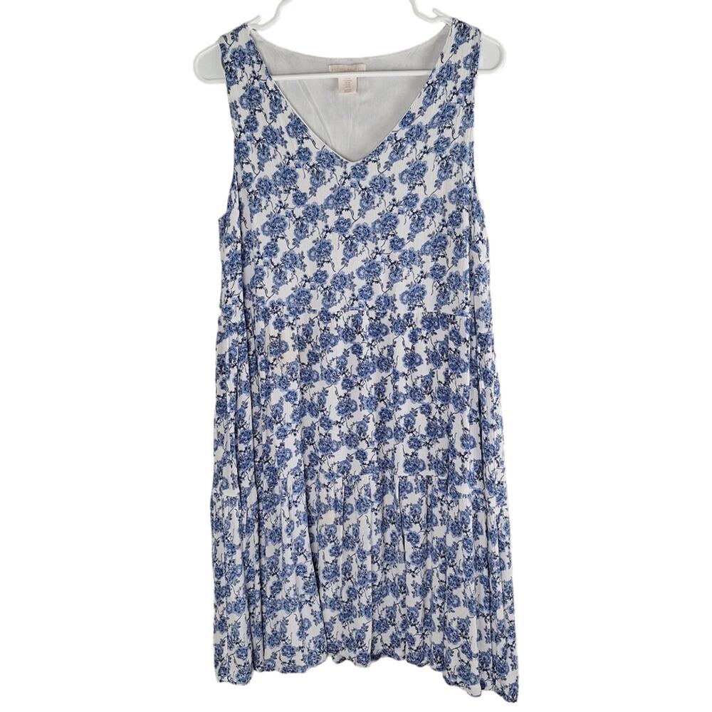 Rachel Ashwell Blue White Ditsy Floral Sleeveless Tiered Midi Dress M
